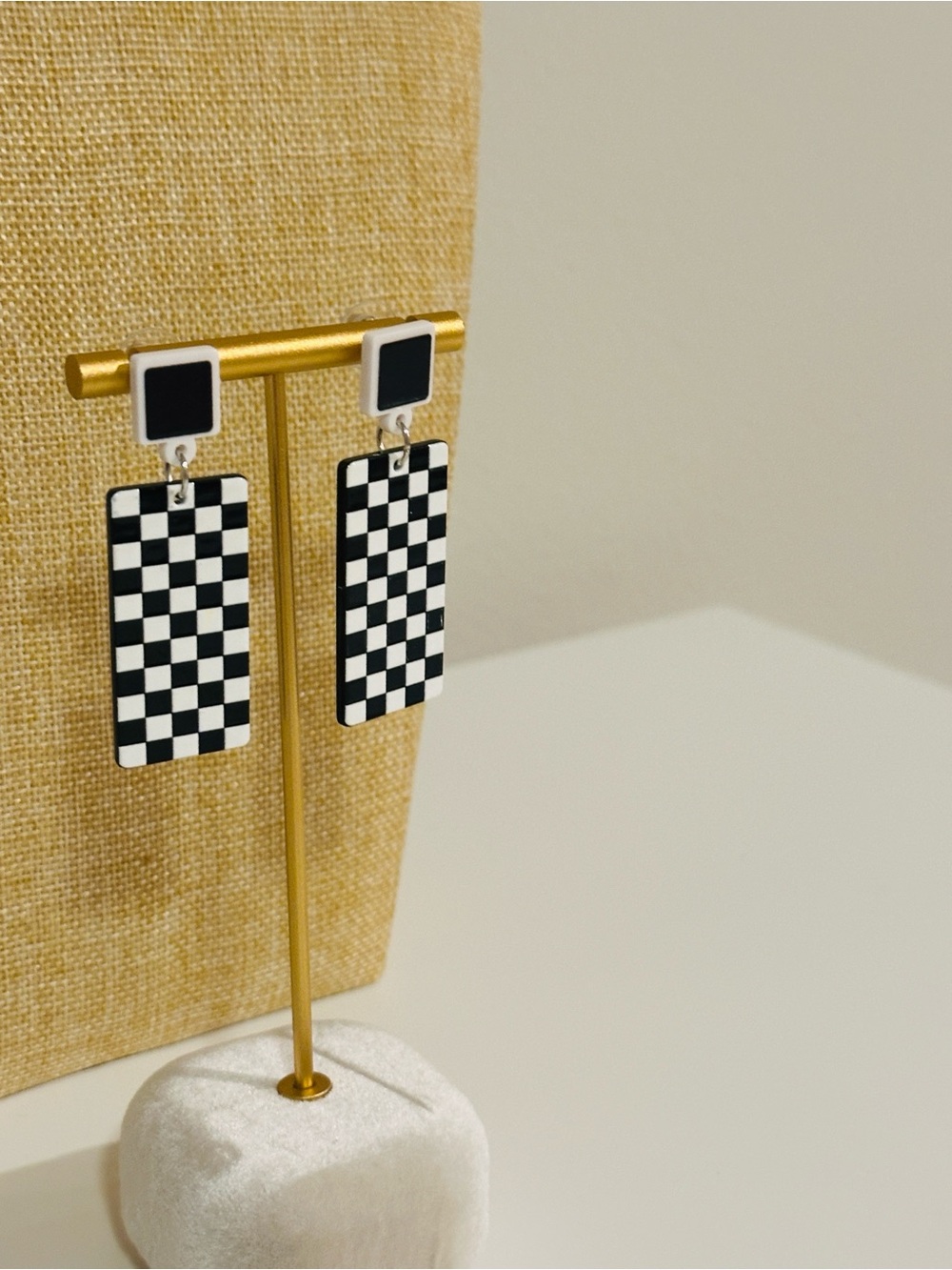 Fashion Jewelry Black & White Checkered Drop Earrings - Picture 2 of 6